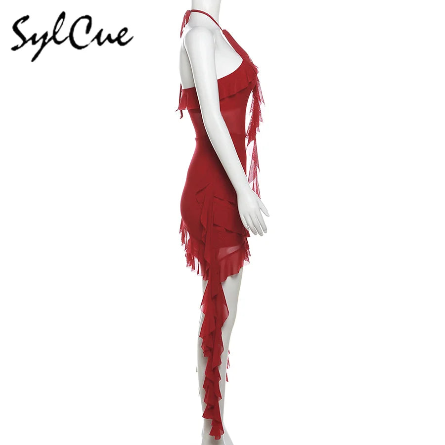 Sylcue 2024 Spring New Sweet Gentle Sexy Mature Beautiful Elegant Party Queen Women'S Short Neck Ruffled Tassel Dress