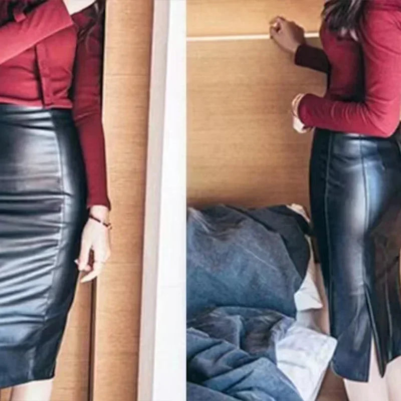 Women Sexy Matte Leather Bodycon Skirt High Waist PU Stretch Slim Midi Skirt Back Hem Split Ladies Wrap Hip Pencil Skirt Custom