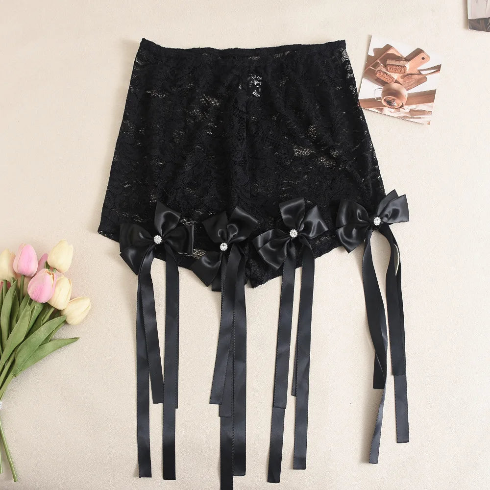 CM.YAYA Women's Set Bow O-Neck short sleeve Tops and lace Shorts Suits Streetwear Casual Two 2 Piece Outfits Tracksuits Summer