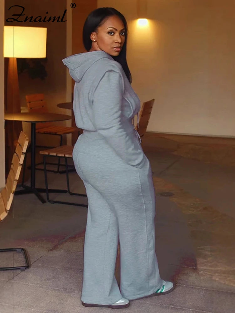 Znaiml Gray Outfit Women Sport Two 2 Piece Winter Sweatshirt Hoodies Tops and Wide Leg Pants Tracksuit Streetwear Sportsuit 2025