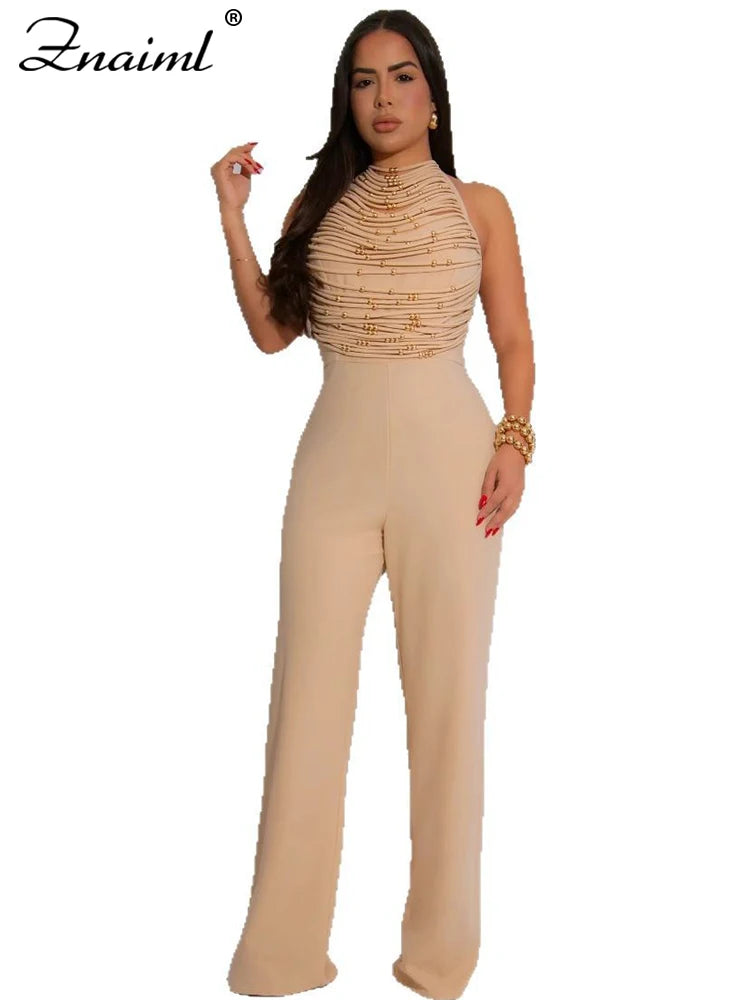 Znaiml Elegant Long Jumpsuits for Women Summer Sleeveless Halter Lace Up Backless Bandage Wide Leg Pants Rompers One Pieces 2025