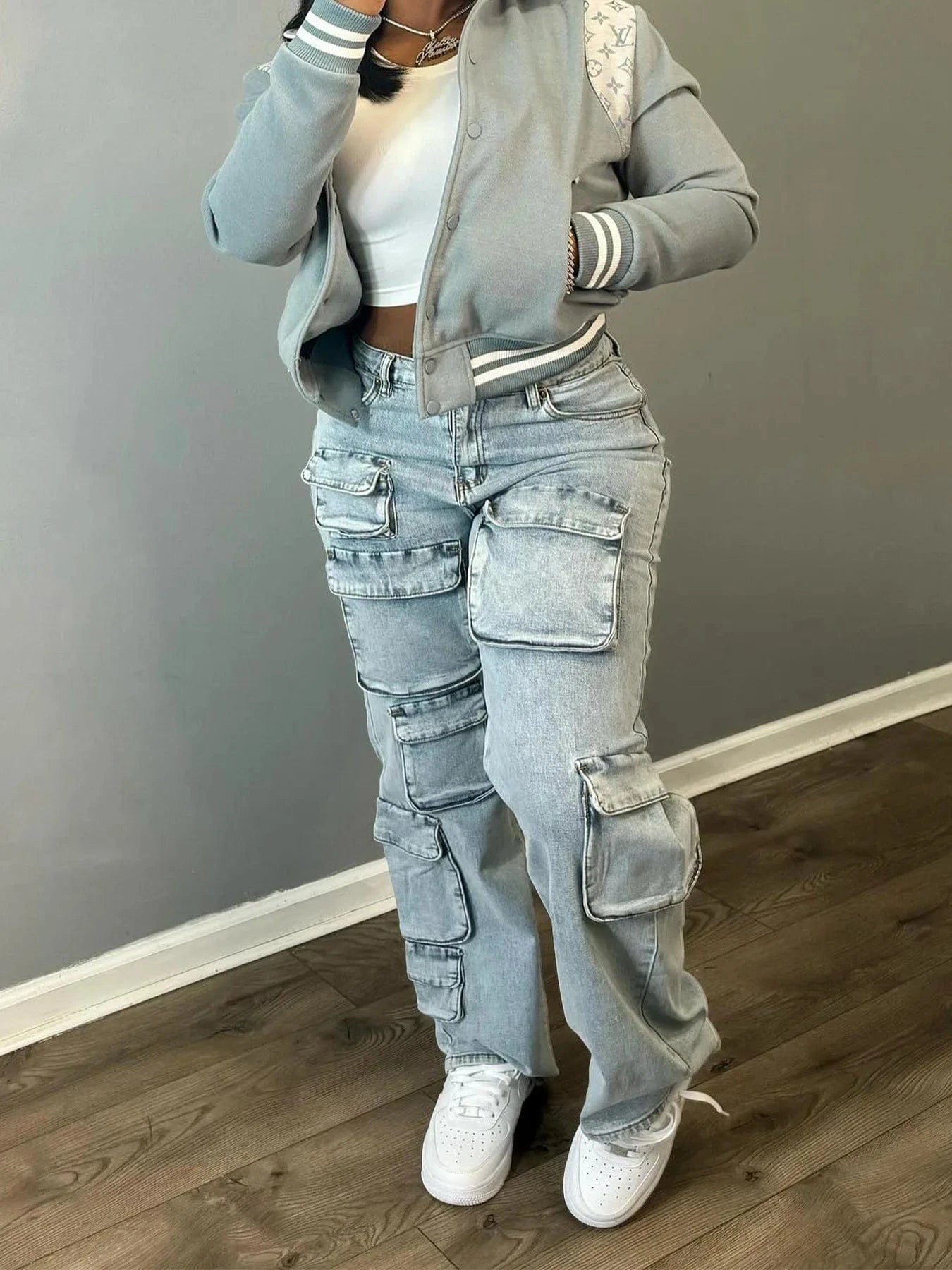 Multi Pockets Jeans Cargo Pants Sexy Women High Waist Elegant Streetwear Denim Casual Straight Trousers