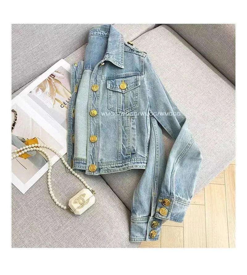 Short 2023 New Design Sense Heavy Industry Denim Coat Korean Wash Fashion Short Style Temperament Top Metal buckle Denim Jacket