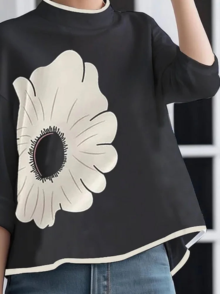 Gymystars Women's Flower Printed Clothes T-Shirts 2025 Mock Neck T-Shirts Summer Black Casual Autumn y2k Tops For Women 2XL
