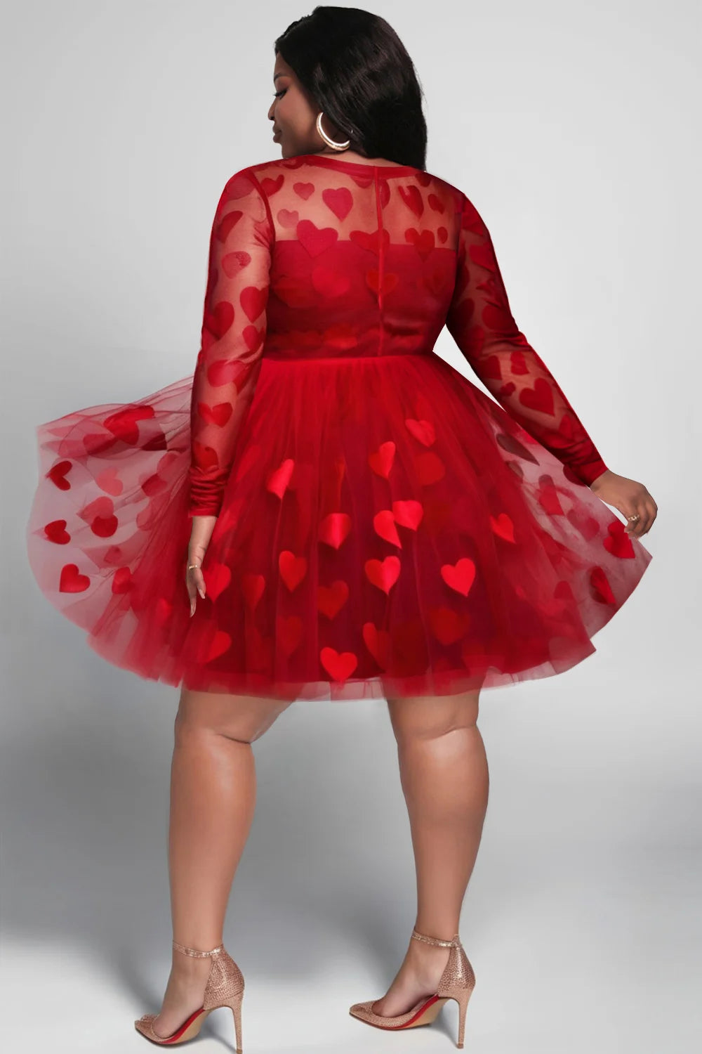 Plus Size Cocktail Party Red Graphic Round Neck Long Sleeve See Through Tulle Mini Dresses