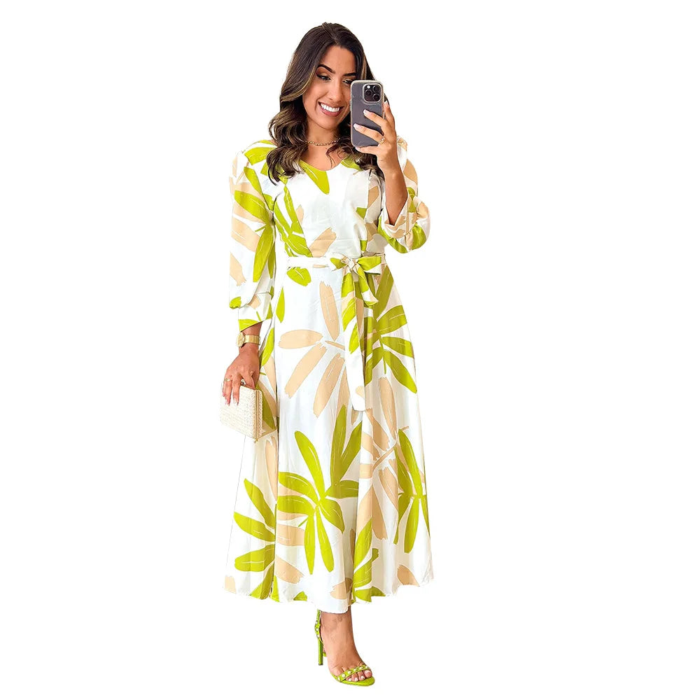 Summer Women's Printed Maxi Dress New Long Sleeve Waist Tie Sun Dresses Fashion Loose Women's Casual Dress 2024