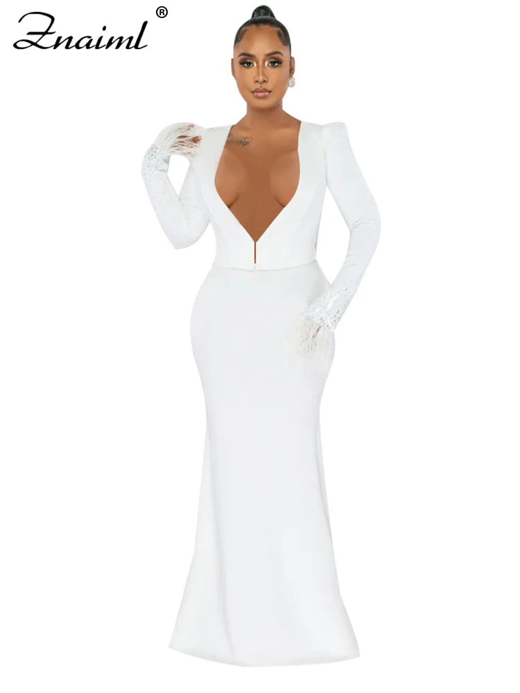 Znaiml Elegant Mermaid Skirt and Deep V Neck Feather Diamonds Long Sleeve Crop Tops Women Two Pieces Party Evening Matching Sets