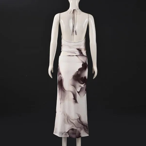 Sexy Evening Dress for Women Sleeveless Pile Collar Halter Print Ruffles Split Long Skirt Party Birthday Dresses New Summer 2025