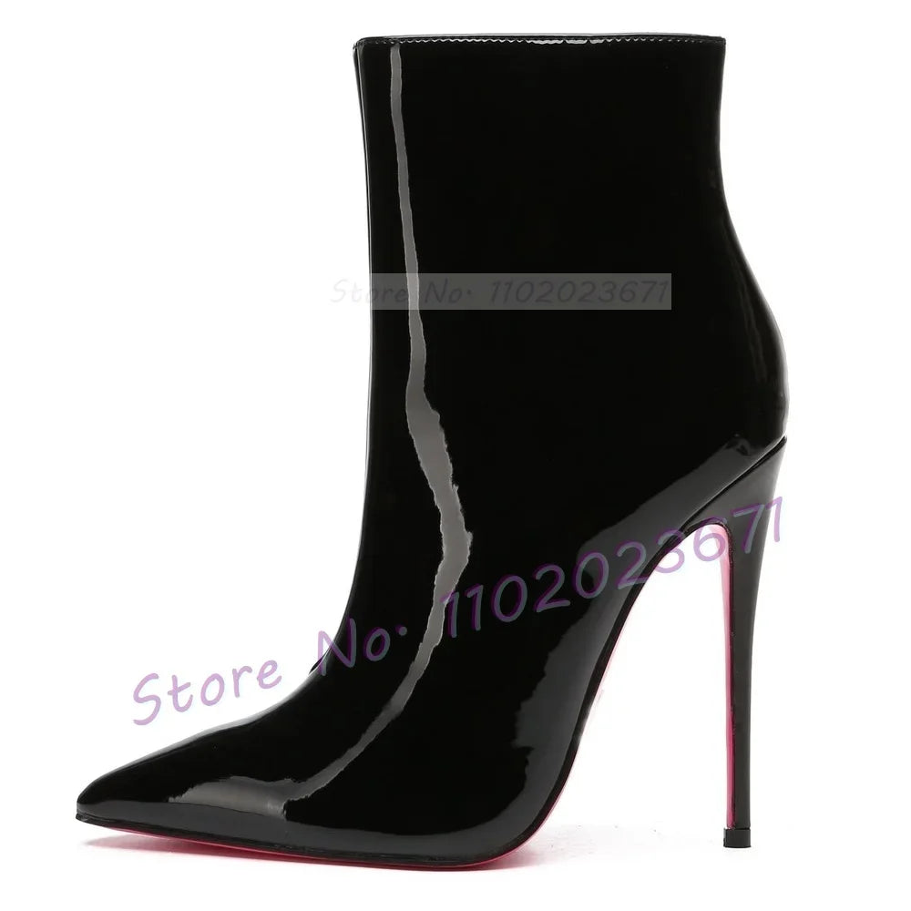 Pink Sole White Ankle Boots Women Pointed Toe Stylish Patent Leather High Heels Boots Female Elegant Casual Crocodile Shoes