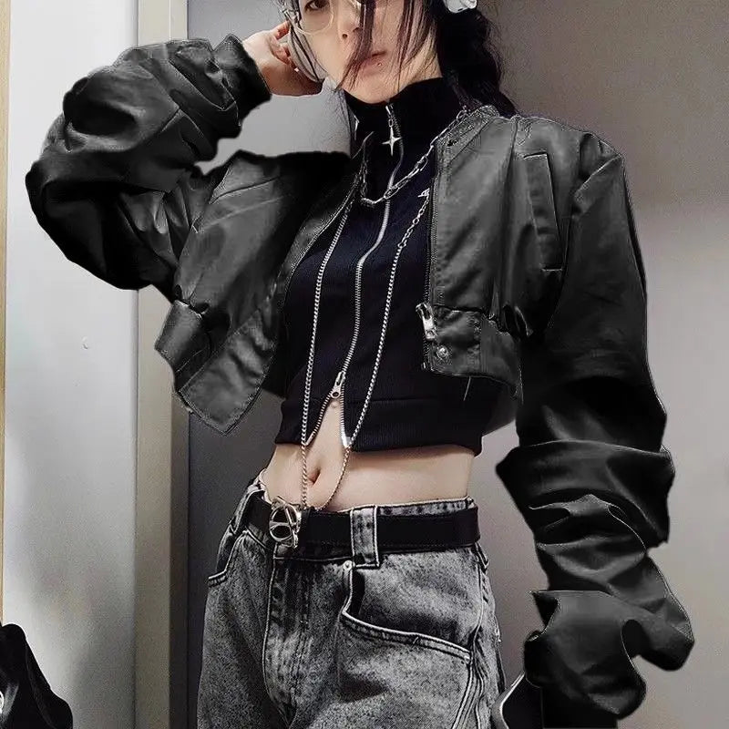 American Motorcycle Duplex Retro Spring and Autumn Hot Cool Short Zipper Jacket Women Slim Fashion Lapel Top Long Sleeve Jacket