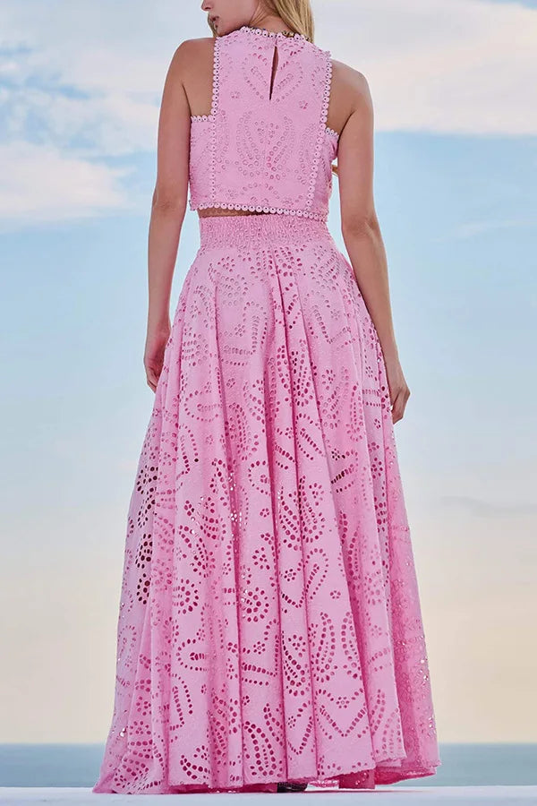 Women Hollow Out Sleeveless Embroidery Two-Piece Set 2025 O-Neck Blouse + Lace Pockets Skirt beach New Two Piece Set