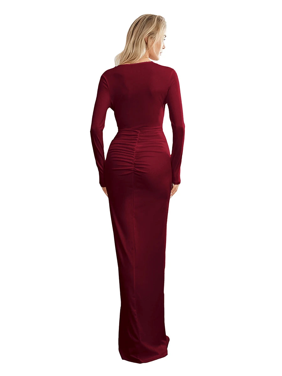 Women's Twist Front Party Dress Elegant Long Sleeve Deep V Neck Bodycon Long Dresses Female Solid Color Formal Evening Gown