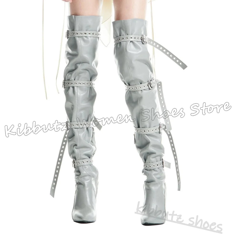 Above The Knee Boots Belt Buckle Pointed Toe Chunky Heels Solid Color Leather Fashion Luxury Elegant Concise Spicy Girls Shoes