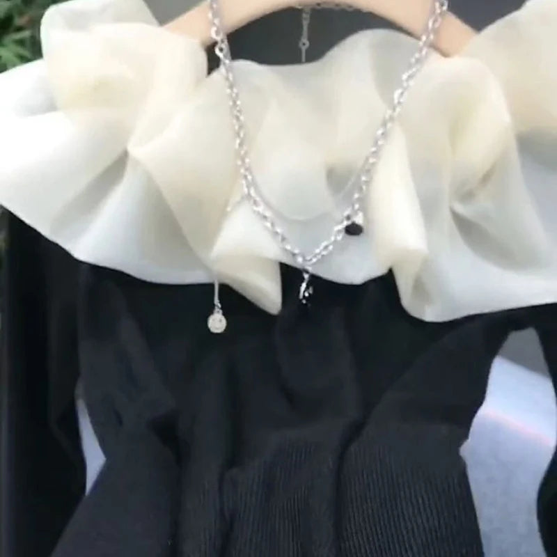 French style T-shirt shoulder splicing T-shirt women's spring and autumn new fashion temperament slim long-sleeved shirt