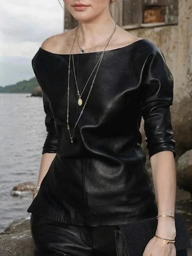Women PU Leather Round Neck Long Sleeve Blouse Tops Pullover Loose PU Clothes Streetwear Windproof Motorcycle Clothing
