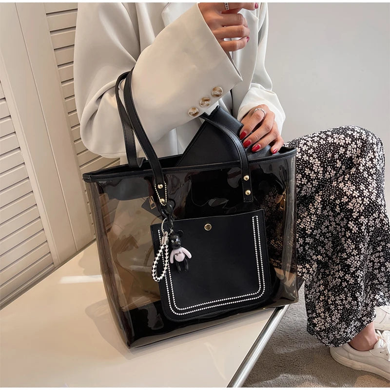 Transparent Jelly Zipper Tote Bag Large Capacity High-quality Texture Handbag Fashionable Luxury Ladies Commuter Shoulder Bag