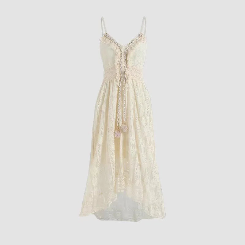 Summer Women Lace Strapless Flared Maxi Dress Solid White Long Dress Sleeveless V Neck Flowy Ruffle Bohemian Dresses