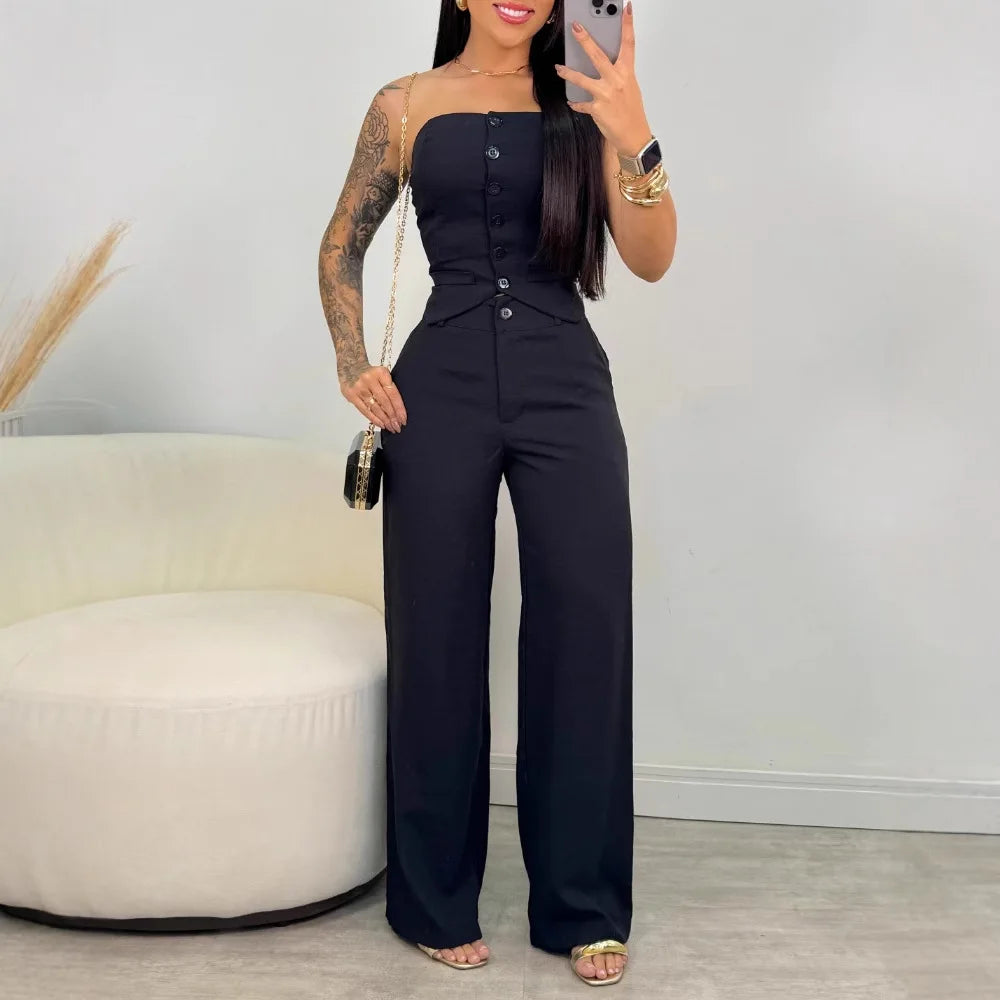 Women Fashion Sexy Summer 2 Pieces Outfit Bandeau Button Decor Vest Top & Casual Wide Leg Pants Set