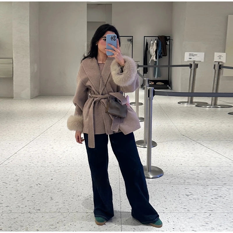 Plush Cuffs Belt Women 's Coats Elegant Lapel Faux Fur Sleeve Twist Open Coat Female 2025 Autumn Winter Fashion Lady Streetwears