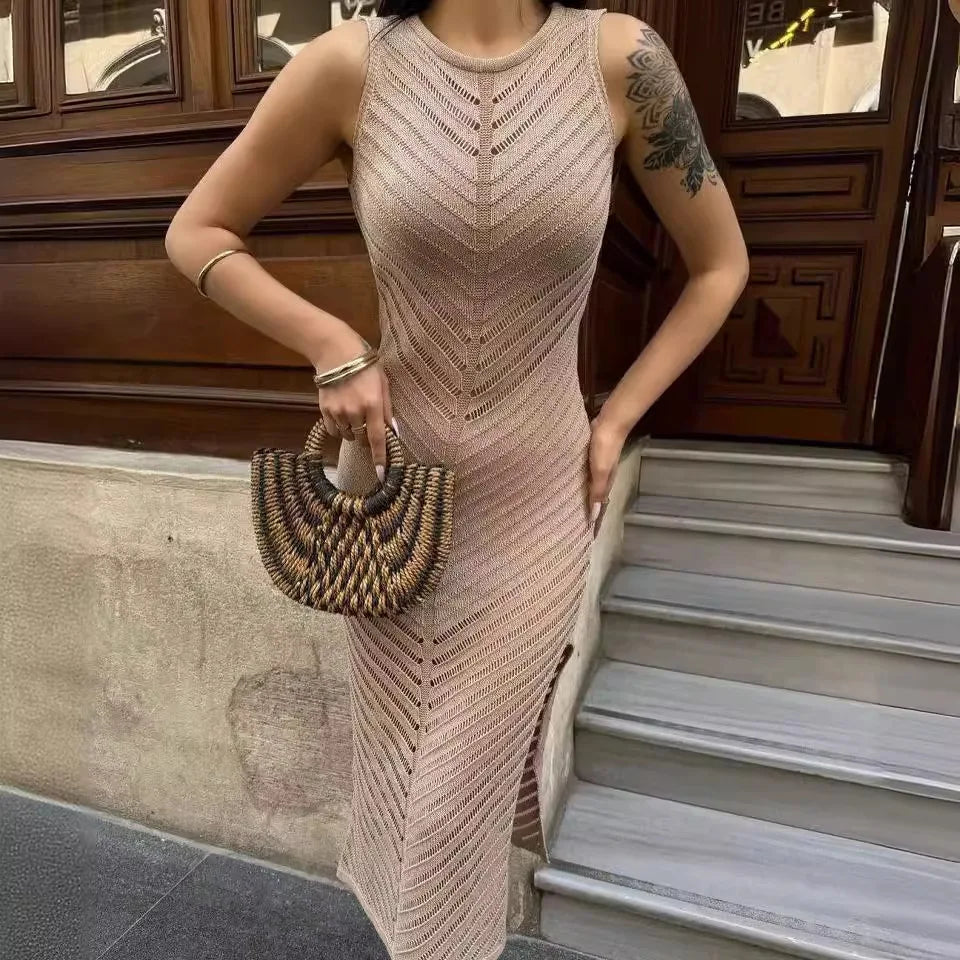 White Ankle Length Hollowed Out O Neck Sleeveless Dress for Women