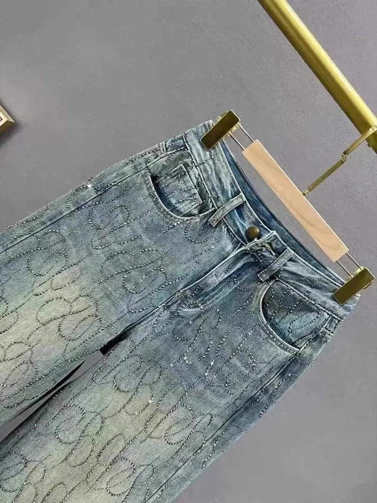 Diamond Rhinestone High Waist Wide Leg Denim Jeans for Women