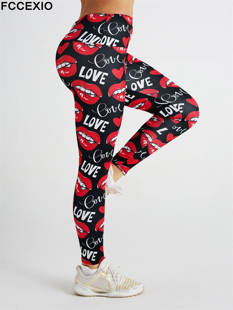 FCCEXIO Hot New Women Leggings Red Lip Love Digital Print Patchwork Fitness Legging Push Up Workout Leggins Pants Sexy Pants