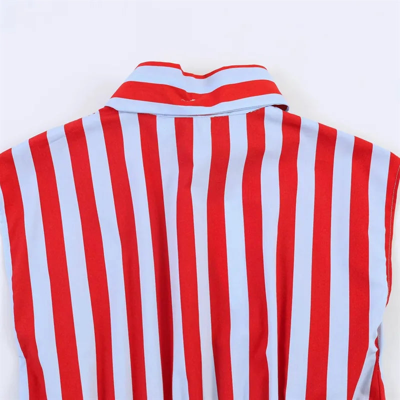 Chic Striped Sleeveless Bow Tie Collar Blouse for Women