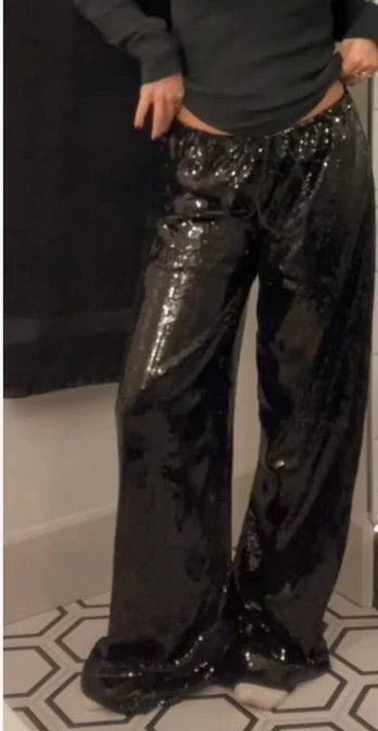 Casual Sequin Pants Women Loose Elastic Waist Wide Legs Trousers Female 2025 Spring Summer Fashion Chic Solid Streetwears Lady