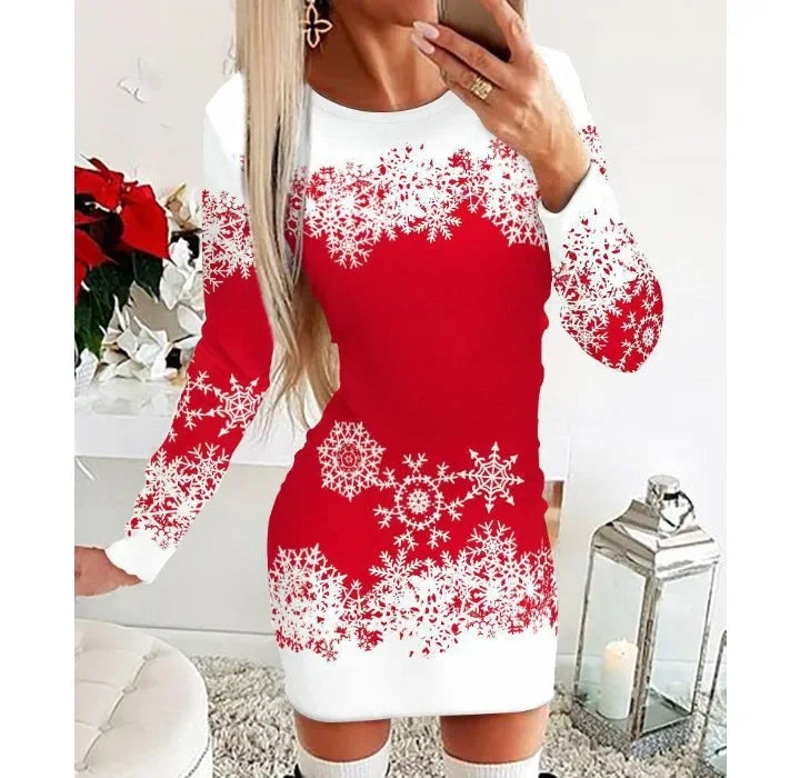 Christmas Dresses Women and Fall New Long Sleeved Printed Short Dress Fashionable Versatile Base Skirt for Female 2024 Summer