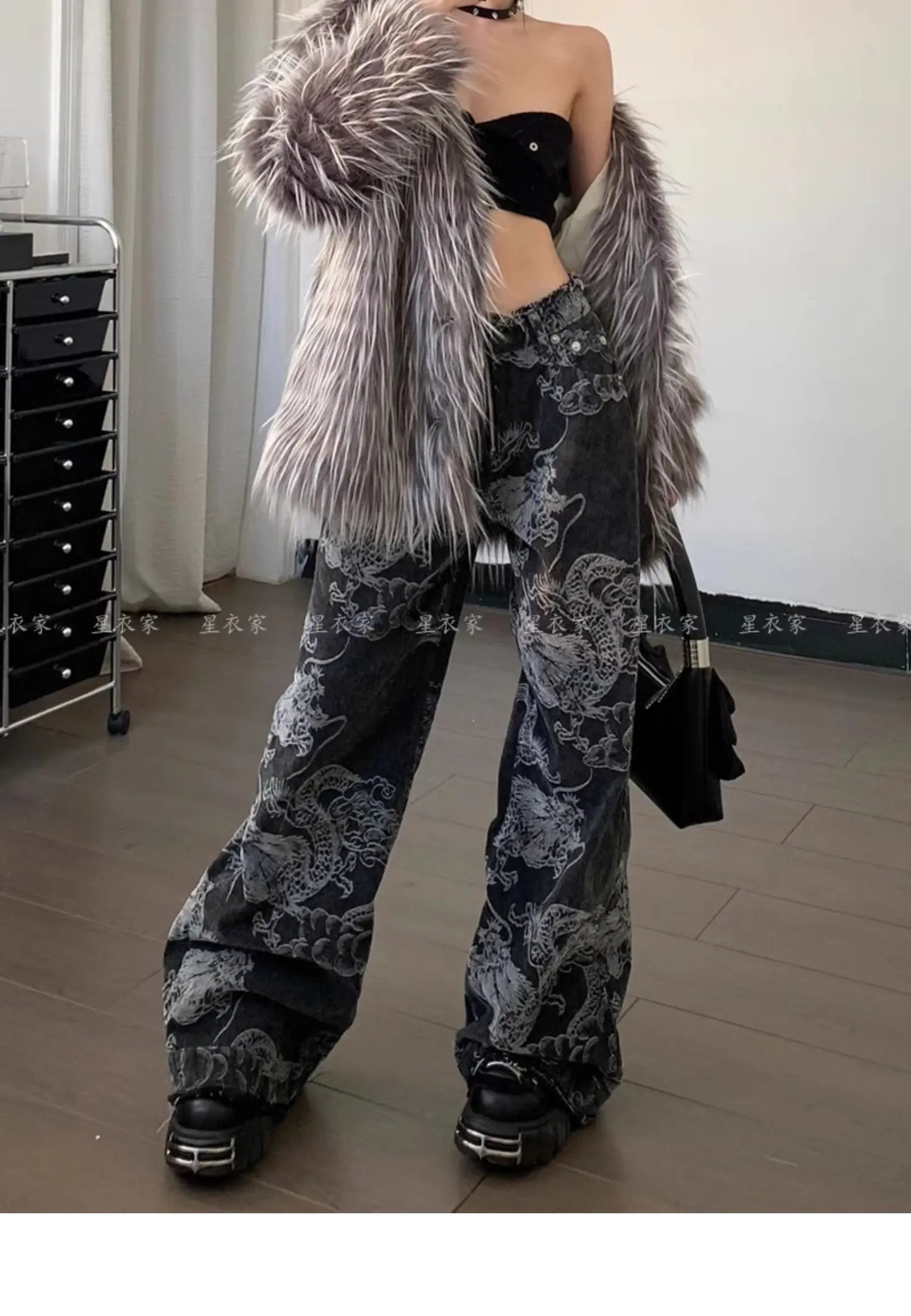 Women Black Gothic Dragon Print Jeans Baggy Vintage Aesthetic Cowboy Pants Harajuku Denim Trousers Y2k Trashy 2000s Clothes 2024
