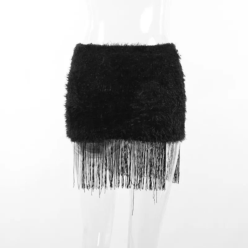 Gothic Classic Punk Cross Pendant Tassel High Elastic High Waist Sexy Plush Short Skirt Women's High-end Design Hip-pack Skirt