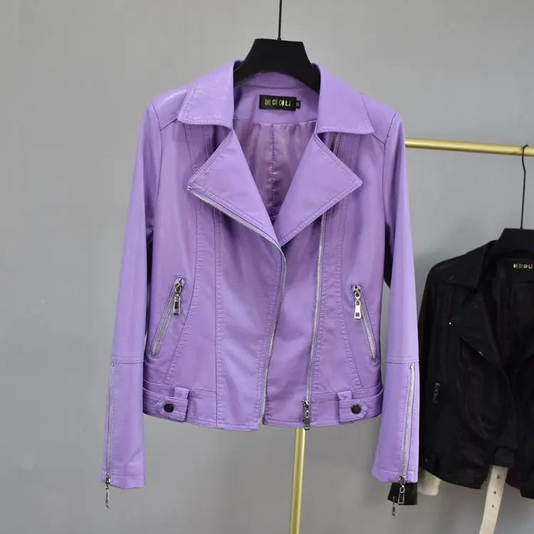Purple Leather Jacket Women's Short Coat Slim Spring and Autumn Short Clothing
