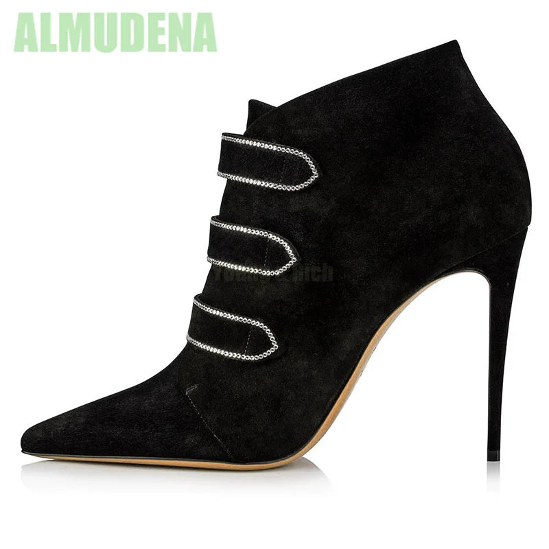Rhinestone Pointed Toe Suede Thin High Heeled Ankle Boots For Women