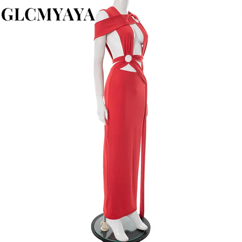 GLCMYAYA Women Sleeveless Roll Splicing Cutout Bodycon Midi Maxi Long Dress 2025 Summer Vacation Holiday Sexy Club Party Dresses