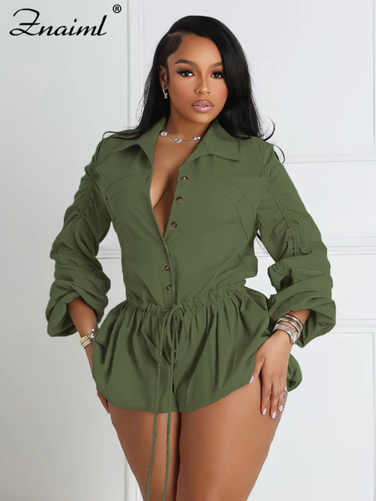 Znaiml Fashion Rompers Cargo Pants Playsuits Women Gray Turn Down Collar Long Sleeve Single Breasted Shorts Jumpsuits Streetwear