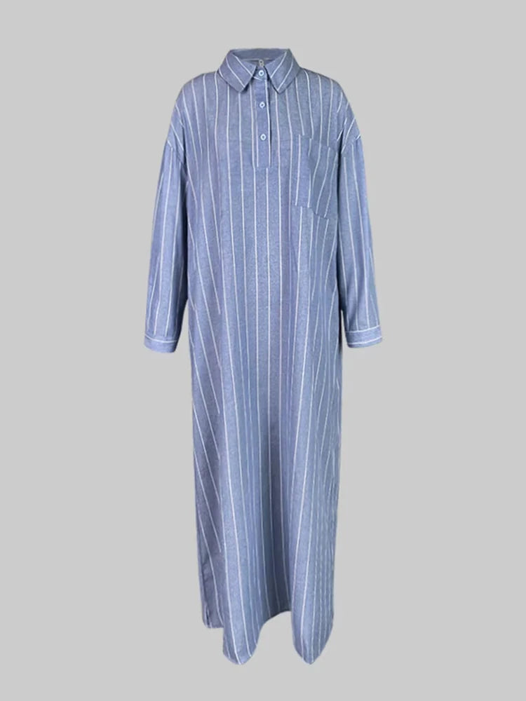 Women's summer New V-neck Fashionable Button Striped Round Neck Long Sleeved Simple Loose Long Sleeved Pullover Dress