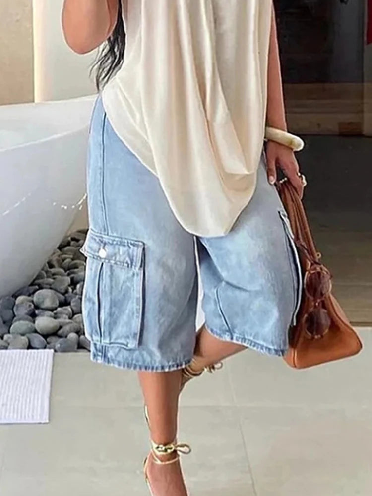 Beautyblue Loose Wide Leg Pants Women's Denim Shorts Vintage Fashion Loose Pocket Five Points Pants Streetwear High Waist Pants
