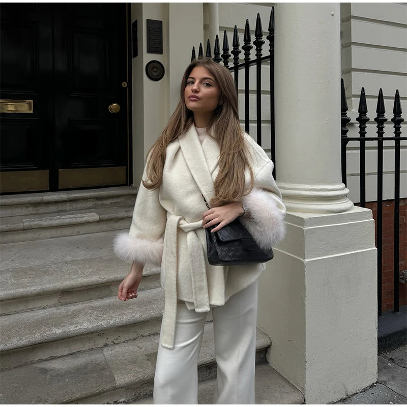 Plush Cuffs Belt Women 's Coats Elegant Lapel Faux Fur Sleeve Twist Open Coat Female 2025 Autumn Winter Fashion Lady Streetwears
