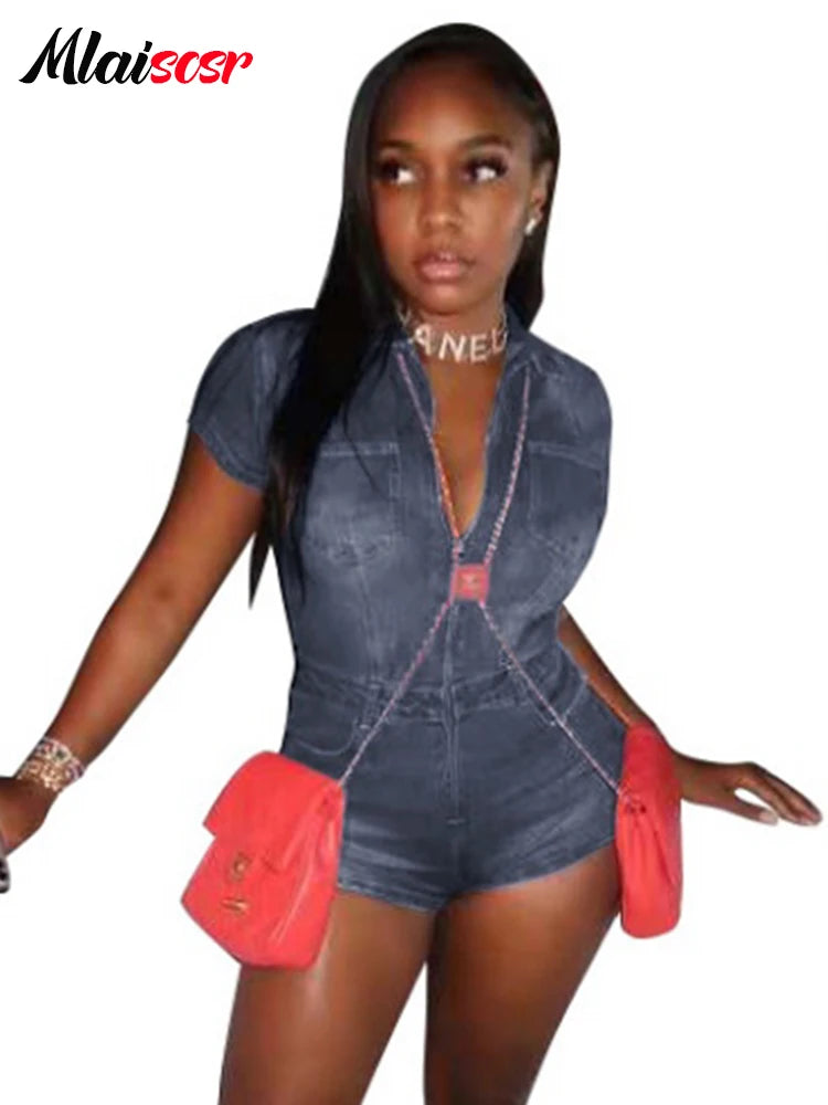 Mlaiscsr Women Casual Street Denim Short Sleeve Playsuits Lapel Party Jeans Slim Shorts Jumpsuits Bodysuits Vintage Rompers