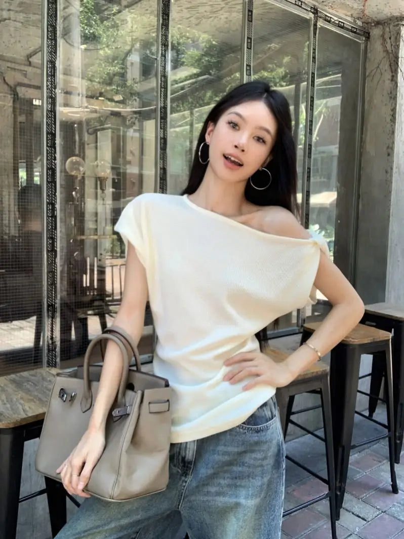 Waffle Off shoulder Short sleeve T shirt Women Elegant Youth Summer Top Korean Chic Holiday Lady Casual Tee 2025
