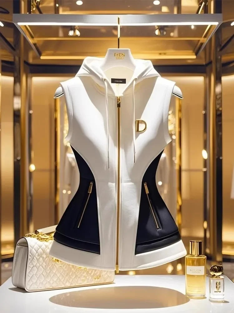 New Spring French Elegant High End Hooded Vest Coat Women Contrast Color Zipper Slim Jacket Temperament Ladies Causal Outwear
