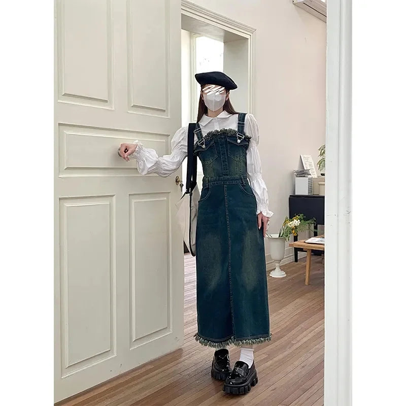 2023 New Women's Spaghetti Strap Denim Strap Two Piece Set Sling Dress Denim Suit Jeans Dress And White Shirt SRetro Denim Dress