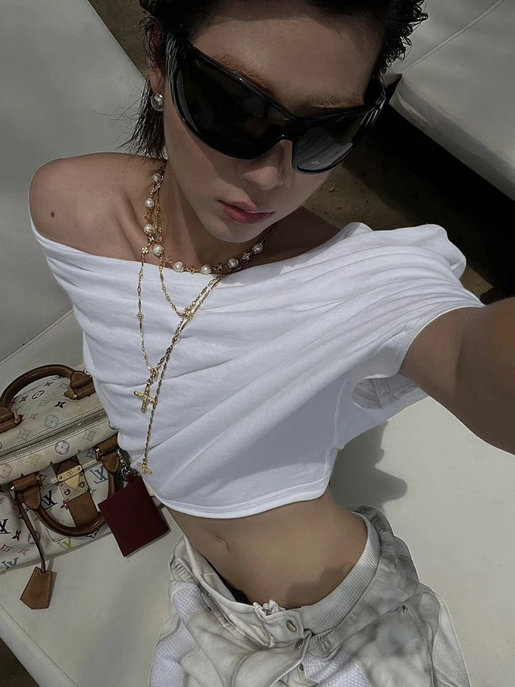 Weird Puss One Shoulder Crop Tops Women Folds Skinny Loose Summer Korean Style Simple Classic Casual Street Daily Harajuku Tops