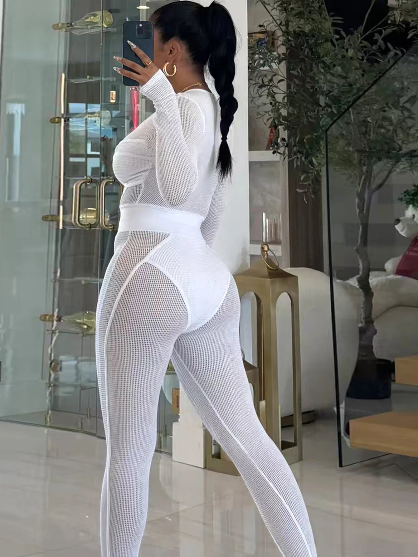 FAGADOER Sexy Hollow Out Bodycon 2 Pieces Set for Woman Mesh See Through Long Sleeves Tops + Leggings Matching Female Streetwear