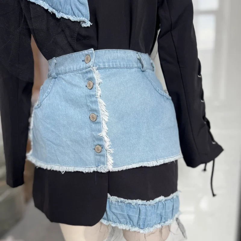 Stylish Patchwork Denim Mini Dresses Lace Deep V-neck Jacket Sexy Irregular Casual-chic Sexy Edgy Top Designers Streetwear