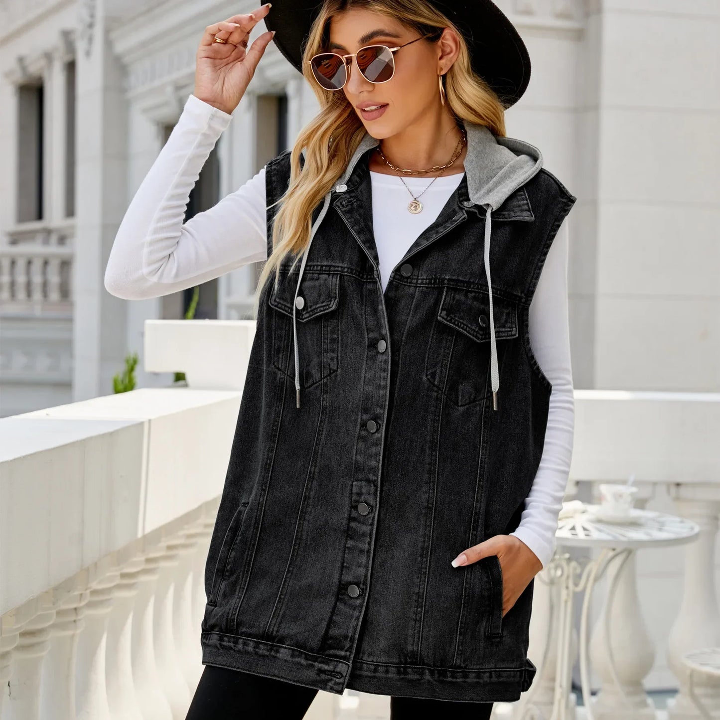 Women Autumn Winter Sleeveless Hooded Denim Jacket Vest Single Breasted Ripped Pockets Fashion Loose Cardigan Jackets