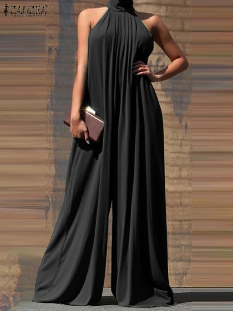 ZANZEA 2024 Summer Women Party Elegant Jumpsuits Wide Leg Rompers Solid Color Wide Leg Playsuits Holiday Chic Sleeveless Overall