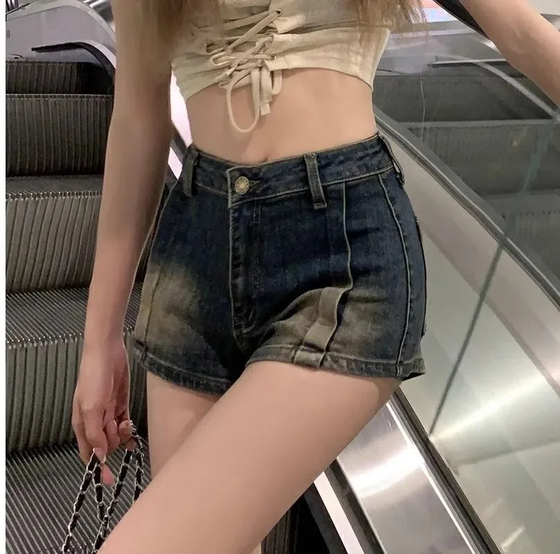 Retro Washed Denim Shorts Women Summer Hot Sale Of The Season New Straight Leg High Waist Slimming Versatile Hot Pants Casual Co