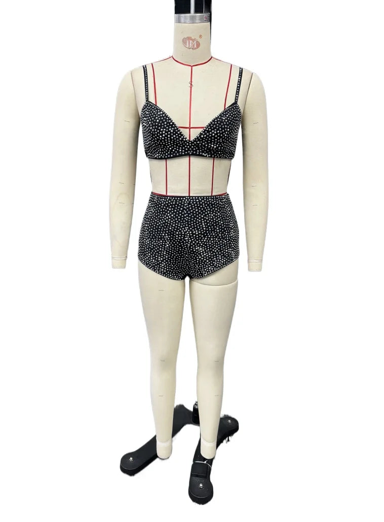 CM.YAYA Diamonds Hot Rhinestones Sexy Party Women's Set Open Stitch Blazer Top + Bra and Shorts 2025 Two 2 Piece Sets Outfits
