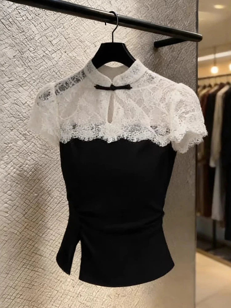 Slim Fit Lace Splicing Stand Collar Short Sleeve T-shirt for Women